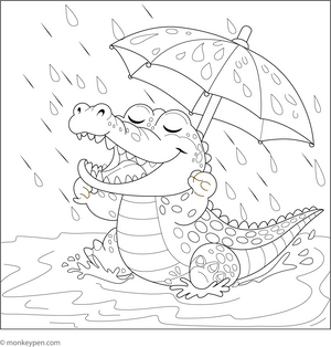Crocodile Playing in the Rain coloring page – free printable for kids to color and enjoy