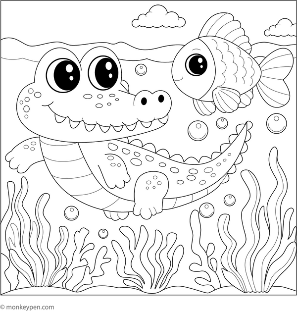 Crocodile and a Fish coloring page – free printable for kids to color and enjoy
