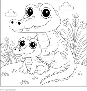 Baby Crocodile with its Parent coloring page – free printable for kids to color and enjoy