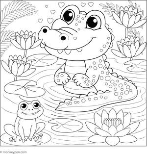 Happy Crocodile in a Pond coloring page – free printable for kids to color and enjoy