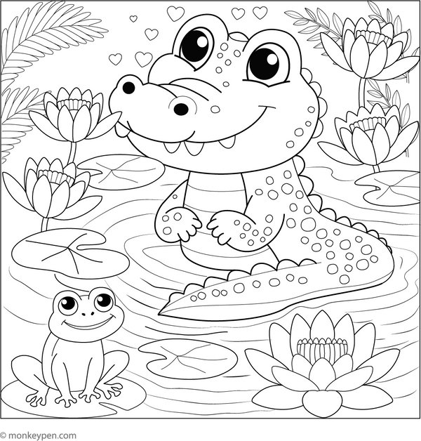 Happy Crocodile in a Pond coloring page – free printable for kids to color and enjoy
