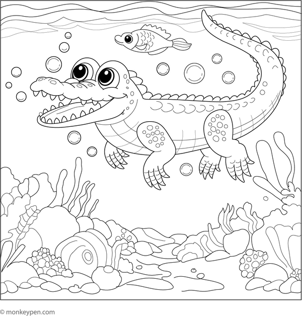 Crocodile Underwater Adventure coloring page – free printable for kids to color and enjoy
