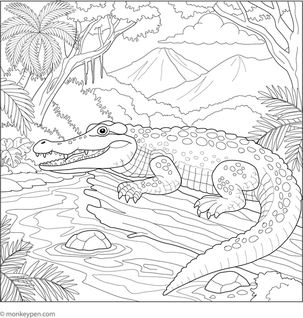 Crocodile in the Rainforest coloring page – free printable for kids to color and enjoy
