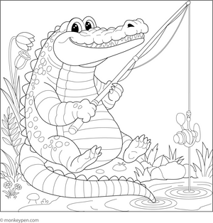 Crocodile and a Fishing Rod coloring page – free printable for kids to color and enjoy