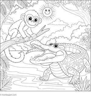 Crocodile and a Monkey coloring page – free printable for kids to color and enjoy