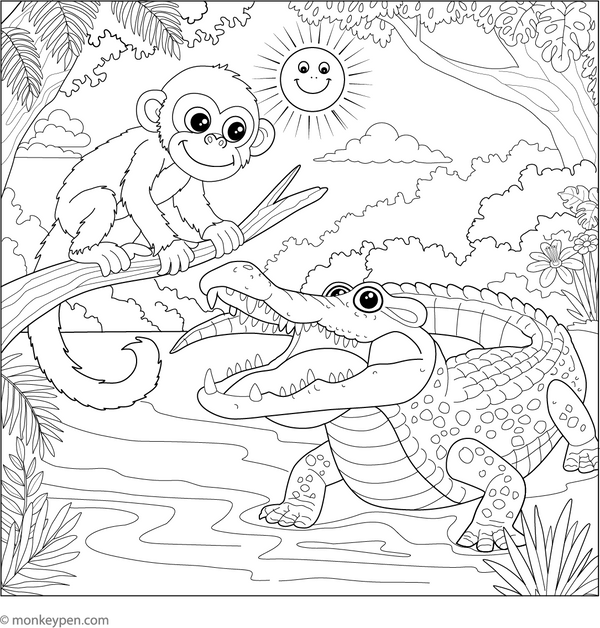 Crocodile and a Monkey coloring page – free printable for kids to color and enjoy