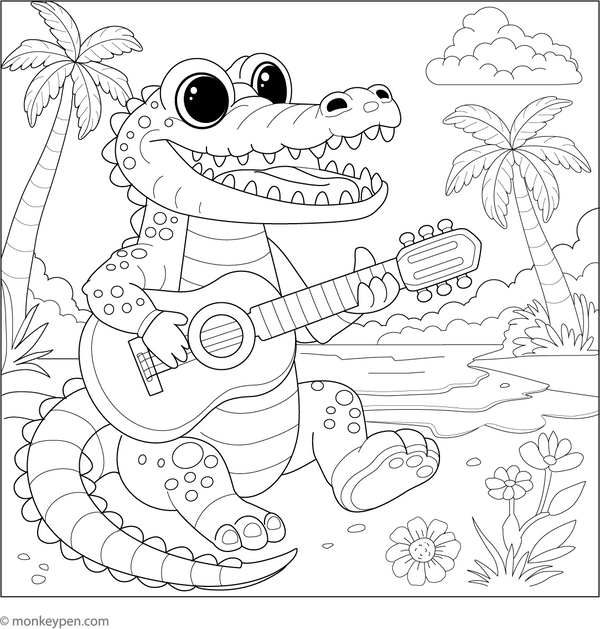 Crocodile Playing a Guitar coloring page – free printable for kids to color and enjoy