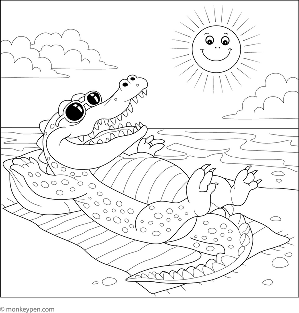 Crocodile Sunbathing coloring page – free printable for kids to color and enjoy