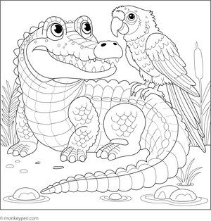 Crocodile and a Parrot Friend coloring page – free printable for kids to color and enjoy