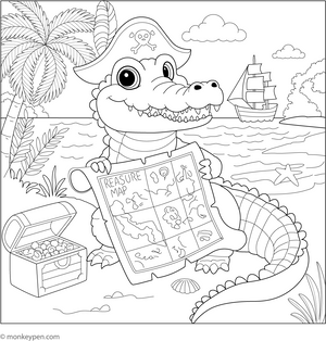 Crocodile with a Treasure Map coloring page – free printable for kids to color and enjoy