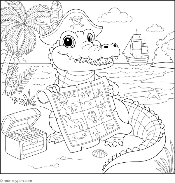 Crocodile with a Treasure Map coloring page – free printable for kids to color and enjoy