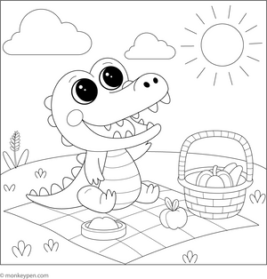 Crocodile in a Picnic coloring page – free printable for kids to color and enjoy