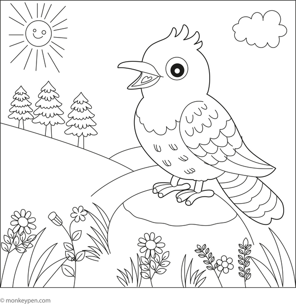 Cuckoo in a Meadow coloring page – free printable for kids to color and enjoy
