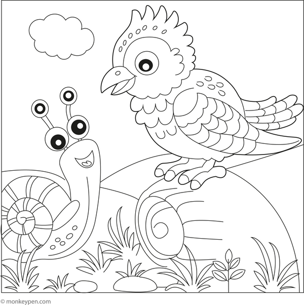Cuckoo and a Snail coloring page – free printable for kids to color and enjoy