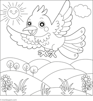 Cuckoo Flying Over Hills coloring page – free printable for kids to color and enjoy