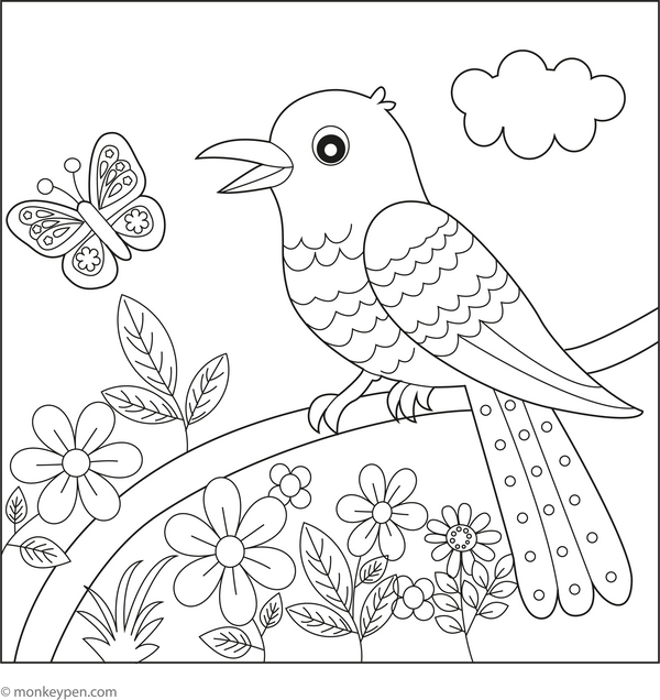 Cuckoo in Springtime coloring page – free printable for kids to color and enjoy