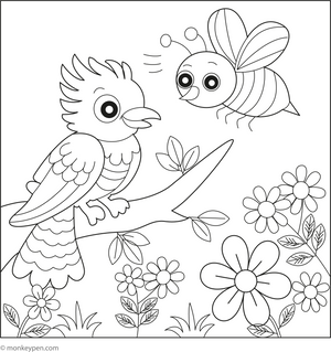 Cuckoo and a Honey Bee coloring page – free printable for kids to color and enjoy