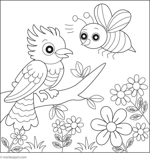 Cuckoo and a Honey Bee coloring page – free printable for kids to color and enjoy