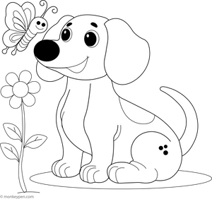 Dachshund and a Butterfly coloring page – free printable for kids to color and enjoy