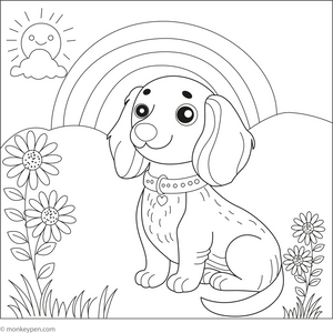 Dachshund under a Rainbow coloring page – free printable for kids to color and enjoy