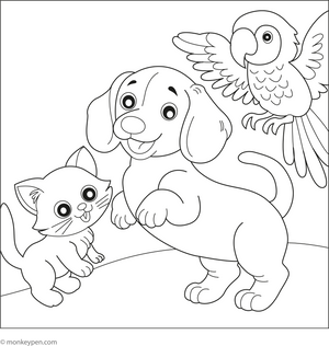 Dachshund and Friends – A Dachshund playing with a cat and a parrot. coloring page – free printable for kids to color and enjoy
