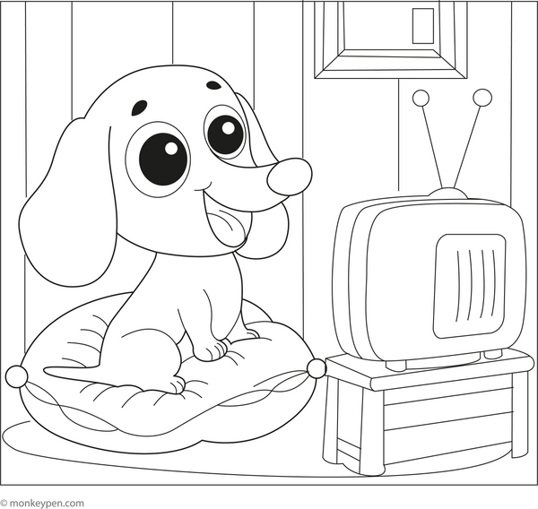 Dachshund Watching TV coloring page – free printable for kids to color and enjoy