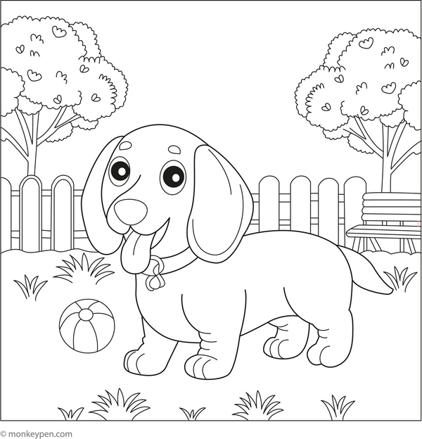 Dachshund in a Park coloring page – free printable for kids to color and enjoy