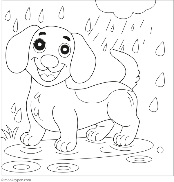 Dachshund in the Rain coloring page – free printable for kids to color and enjoy