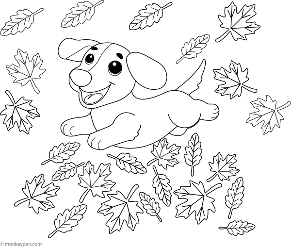 Dachshund Running in Autumn Leaves coloring page – free printable for kids to color and enjoy