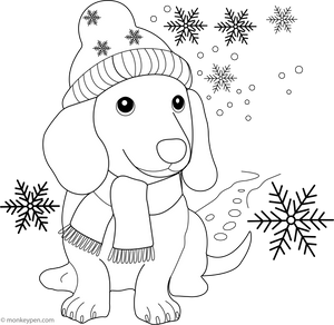 Dachshund in a Snowy Scene coloring page – free printable for kids to color and enjoy