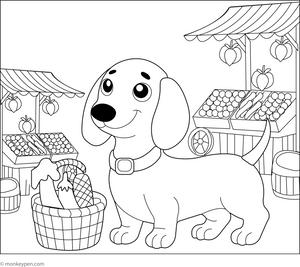 Dachshund at the Market coloring page – free printable for kids to color and enjoy