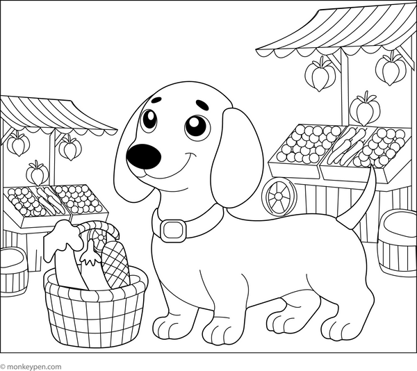 Dachshund at the Market coloring page – free printable for kids to color and enjoy