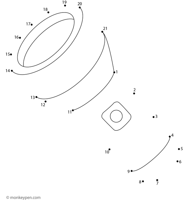 Children’s dot-to-dot worksheet showing a cartoon flashlight with a light beam, for connecting and coloring