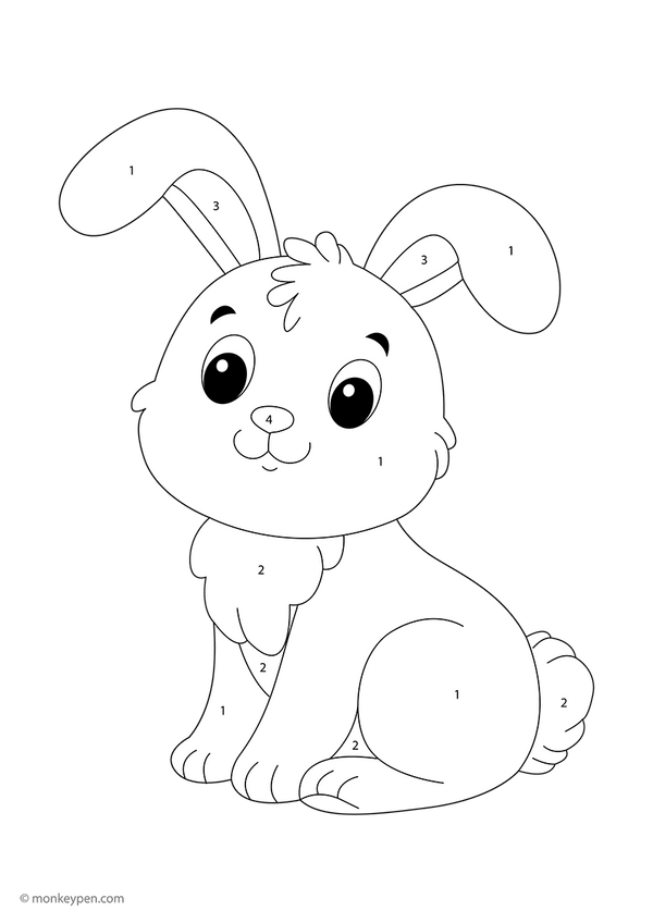 Free downloadable color-by-number worksheet featuring a cute rabbit with numbered sections on its ears, fur, and cheerful face—ideal for young kids to practice number skills while enjoying a fun, bunny-themed coloring activity.