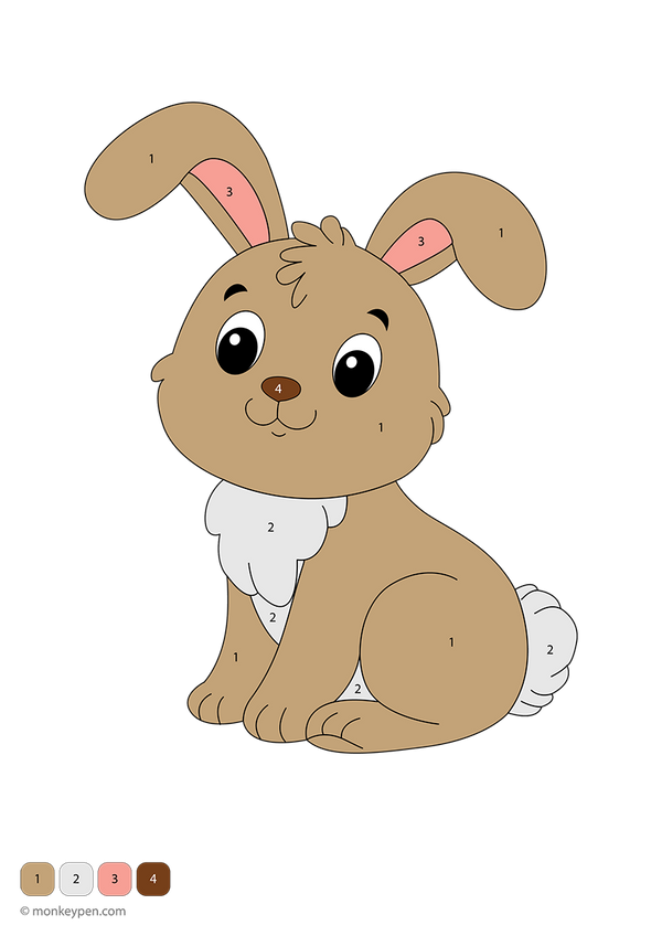 Free downloadable color-by-number worksheet featuring a cute rabbit with numbered sections on its ears, fur, and cheerful face—ideal for young kids to practice number skills while enjoying a fun, bunny-themed coloring activity.