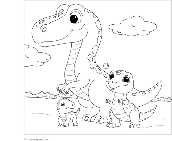 Dinosaur and Kids Coloring Page