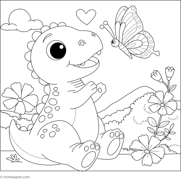 Dinosaur Playing with a Butterfly coloring page – free printable for kids to color and enjoy