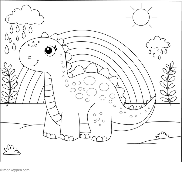 Dinosaur and a Rainbow coloring page – free printable for kids to color and enjoy