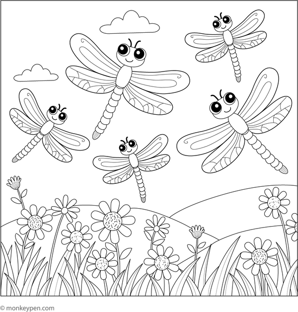 Dragonflies in a Meadow coloring page – free printable for kids to color and enjoy