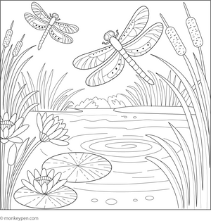 Dragonflies by a Pond coloring page – free printable for kids to color and enjoy