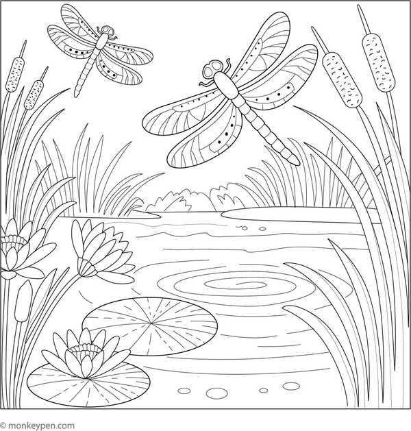 Dragonflies by a Pond coloring page – free printable for kids to color and enjoy