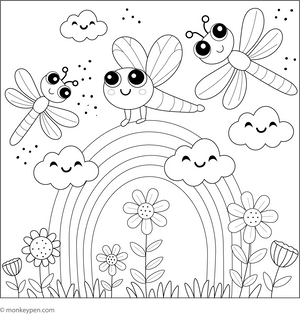 Dragonflies and Rainbows coloring page – free printable for kids to color and enjoy