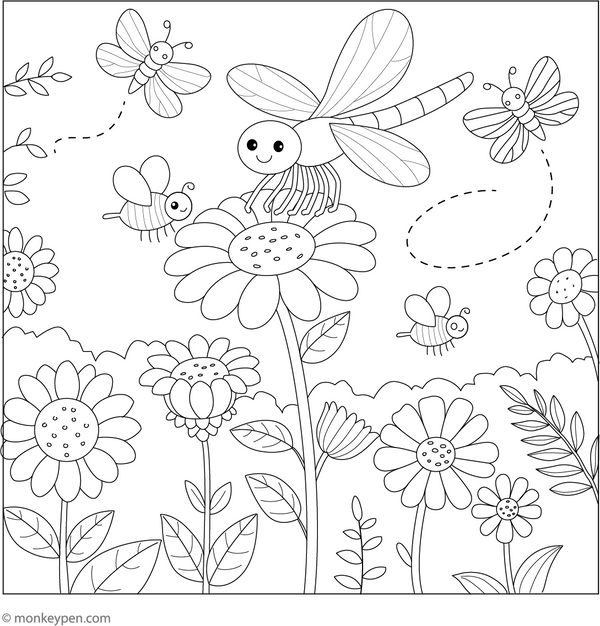 Dragonfly Garden coloring page – free printable for kids to color and enjoy