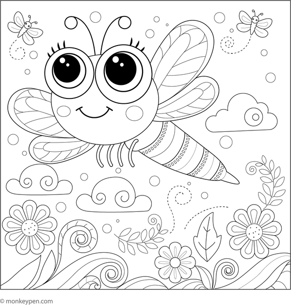 Smiling Dragonfly with Big Eyes coloring page – free printable for kids to color and enjoy