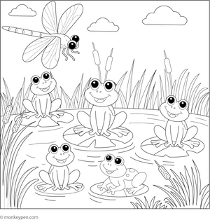 Dragonfly and a Group of Frogs coloring page – free printable for kids to color and enjoy