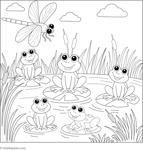 Dragonfly and a Group of Frogs coloring page – free printable for kids to color and enjoy