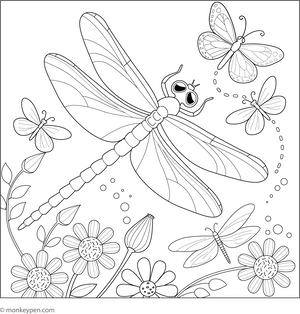Dragonfly and Butterflies coloring page – free printable for kids to color and enjoy