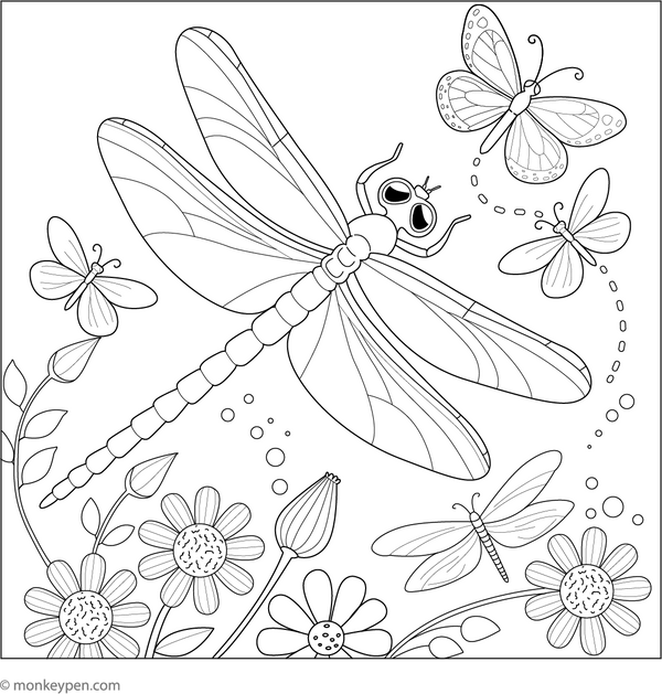 Dragonfly and Butterflies coloring page – free printable for kids to color and enjoy