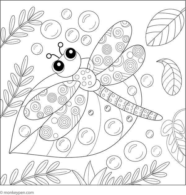Dragonfly with Dew Drops coloring page – free printable for kids to color and enjoy