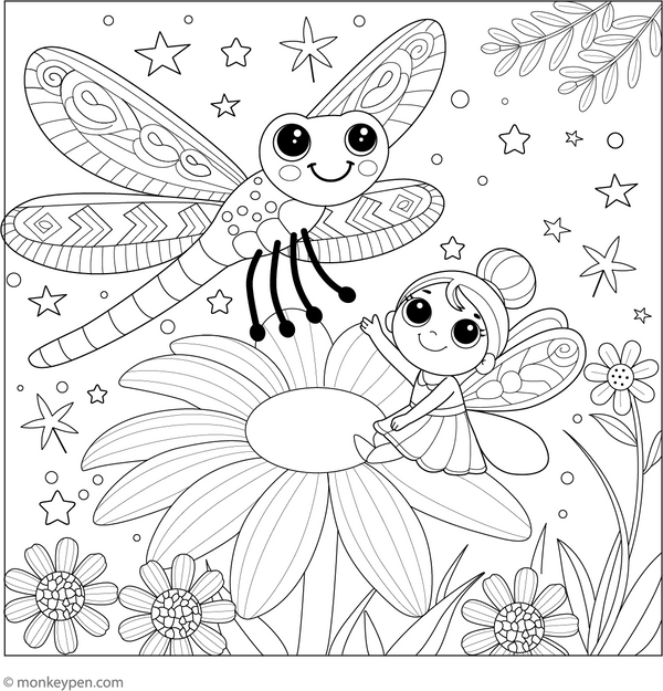 Dragonfly and a Fairy Friend coloring page – free printable for kids to color and enjoy